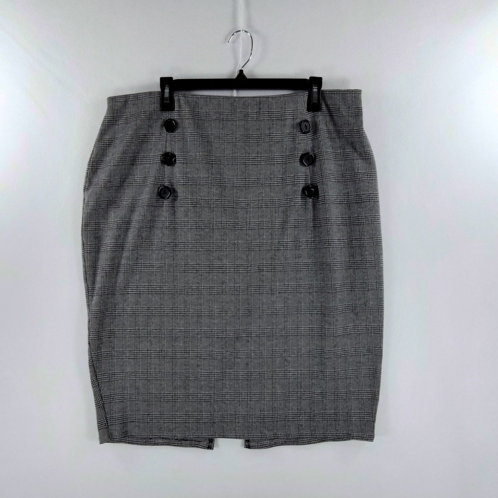 Brandy Blu Gray Glen Plaid Button Front Pencil Skirt Plus Size 3X Office Wear